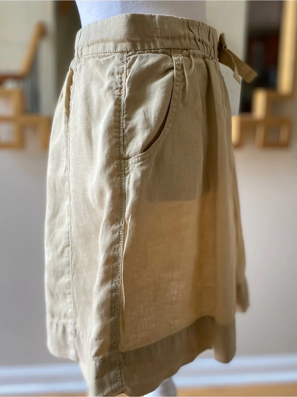 J.Crew Linen Vintage Mini Skirt Beige Size 8 Drawstring Elastic Waist A-Line